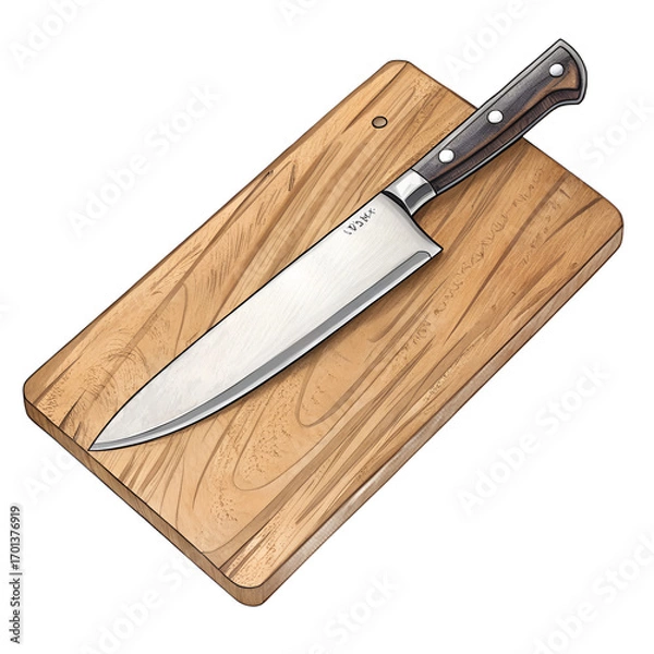 Fototapeta A sharp kitchen knife rests on a wooden cutting board, ready for use