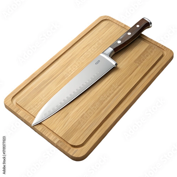 Fototapeta A sharp kitchen knife rests on a wooden cutting board, ready for use