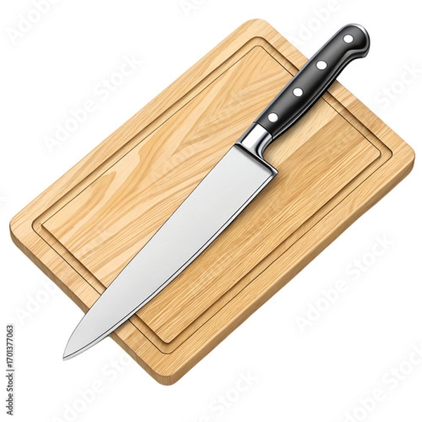 Fototapeta A sharp kitchen knife rests on a wooden cutting board, ready for use