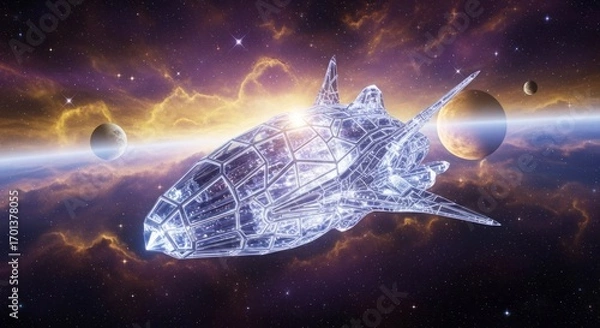 Fototapeta Futuristic Spaceship Floating Through Nebulous Galaxy with Celestial Bodies and Glowing Lights