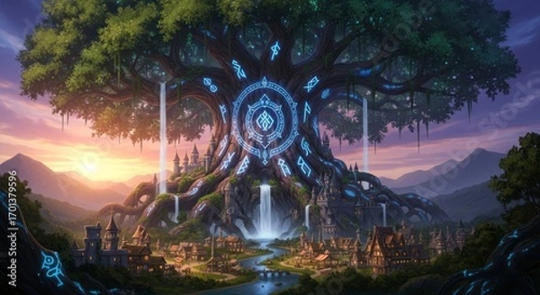 Fototapeta Giant Glowing Tree At Sunset With Flowing Waterfalls And City Below In Mountain Valley