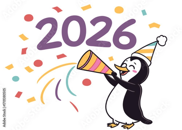 Fototapeta Cute Cartoon Penguin Popping Party Popper with 2026 Text and Colorful Confetti, Vector Illustration