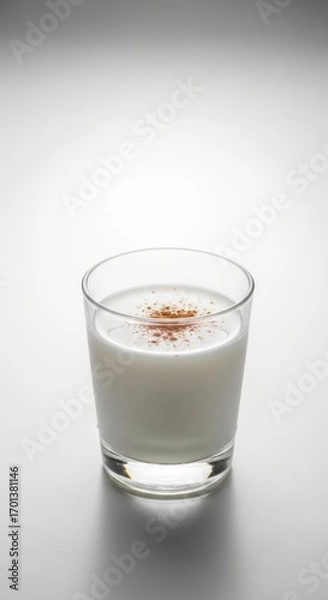 Fototapeta Glass of White Beverage with Cinnamon Sprinkle on White Surface in Studio Lighting