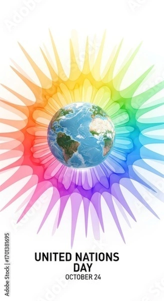 Fototapeta Globe Earth Surrounded By Rainbow Burst On White Background United Nations Day Concept