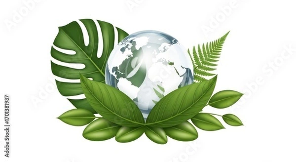 Fototapeta Globe Surrounded by Green Leaves Illustrating Environmental Conservation on a White Background