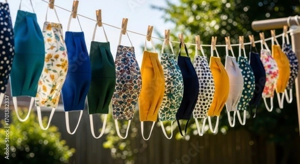 Obraz Assorted Fabric Face Masks Hanging on Clothesline Outdoors in Sunlight