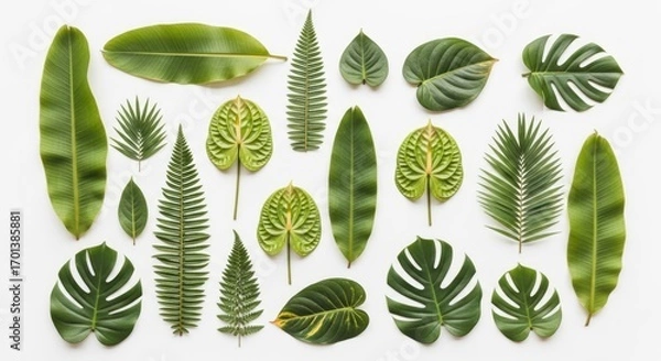 Obraz Assortment Of Green Leaves On White Background In Top View Arrangement