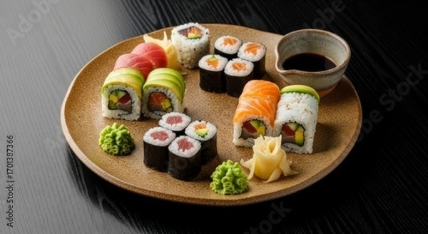 Obraz Assortment Of Sushi Rolls And Nigiri On A Plate With Soy Sauce And Wasabi