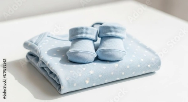Obraz Baby Blue Onesie and Socks Set on a White Surface with Soft Lighting