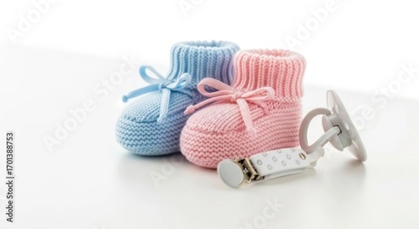 Obraz Baby Booties and Pacifier Composition on White Surface Soft Pastel Tones Delicate Baby Items Light Background Gentle Lighting