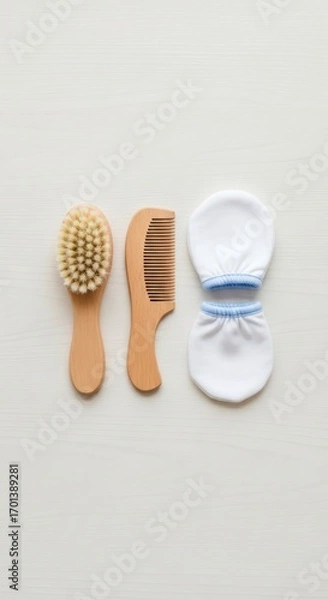 Obraz Baby Grooming Essentials on White Background Wooden Brush Comb and Mittens Flat Lay