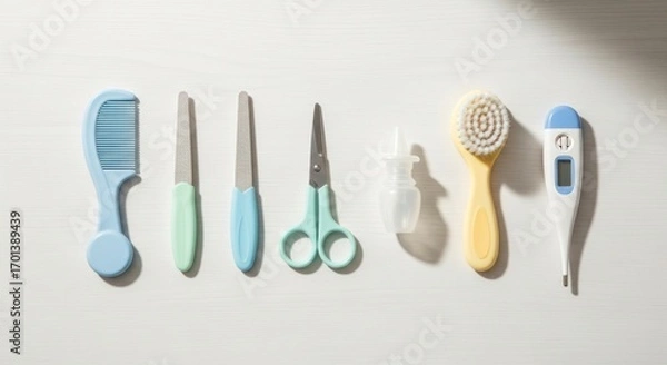 Obraz Baby Grooming Kit Arranged on a White Surface Top View