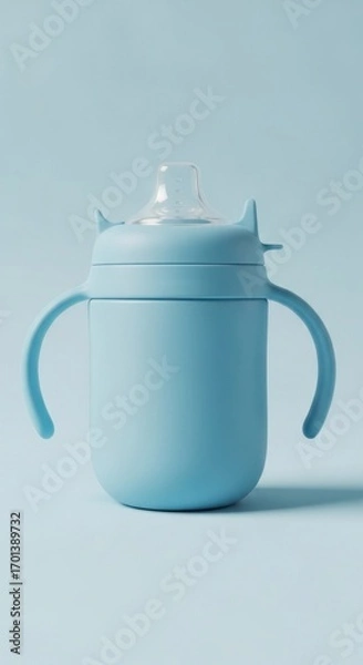 Obraz Baby Sippy Cup on Light Blue Background With Two Handles
