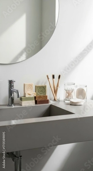 Obraz Bathroom Sink with Round Mirror and Natural Soaps and Products in Neutral Tones