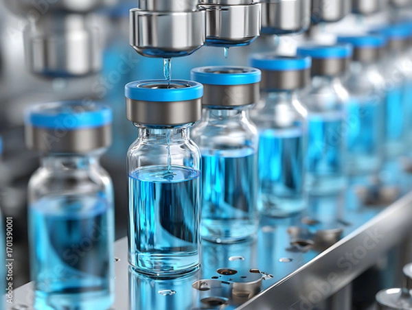 Fototapeta Vials Being Filled With Blue Liquid at a Pharmaceutical Production Facility During the Daytime in a Sterile Environment