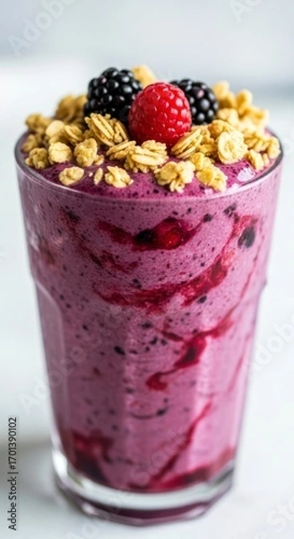 Obraz Berry Smoothie Garnished with Granola and Fresh Berries in Tall Glass on White Surface