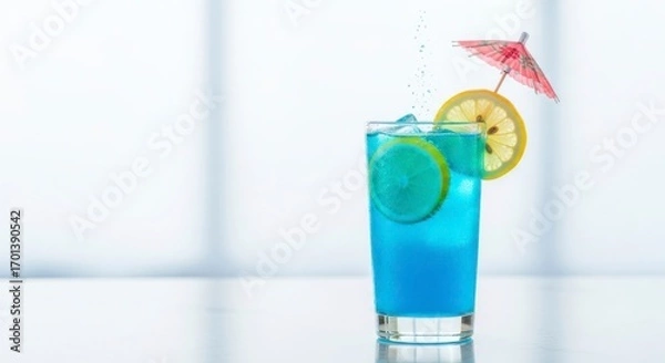 Obraz Blue Cocktail with Lemon Slices and Miniature Umbrella on Glass in Bright Environment