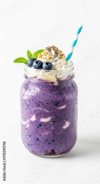 Obraz Blueberry Smoothie in Glass Jar with Whipped Cream Mint and Blue Straw on White Background