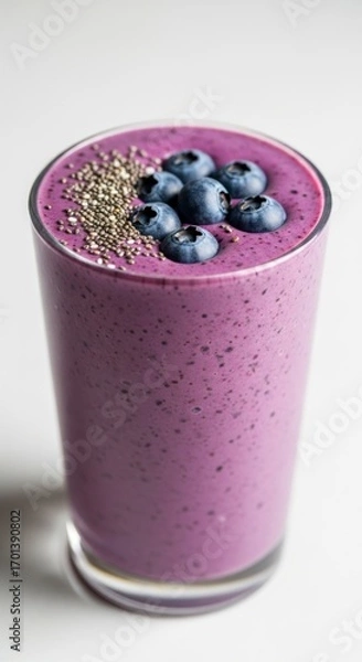 Obraz Blueberry Smoothie in Tall Glass on White Background with Chia Seeds