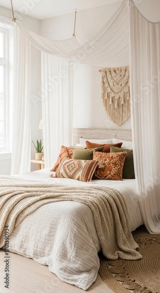 Obraz Bohemian Bedroom Interior with Canopy Bed and Decorative Pillows in Soft Light