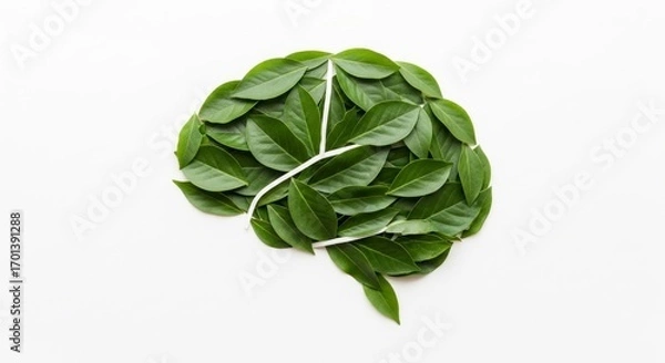 Obraz Brain Shape Formed From Green Leaves Isolated On White Background