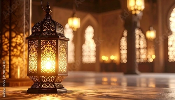 Fototapeta Golden Lantern in Mosque with Islamic Architecture.
