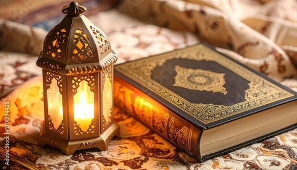Obraz Ramadan lantern and Quran on decorative fabric background.