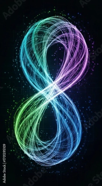Fototapeta Abstract Infinity Loop in Green Purple Blue and White on Dark Background with Glowing Particles