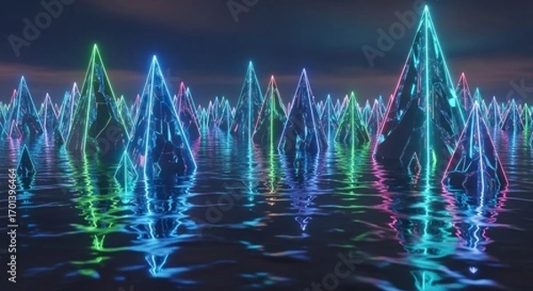 Fototapeta Abstract Neon Light Pillars Reflecting in Water Surface at Dusk Sky