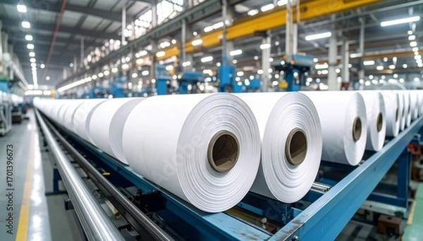 Fototapeta Paper Rolls on Conveyor Belt in Factory Manufacturing.