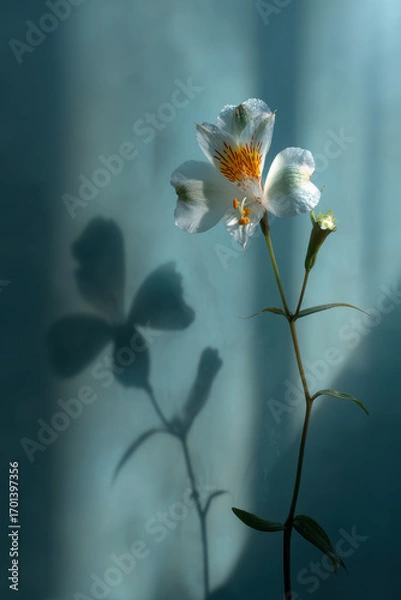 Obraz Elegant white flower casting shadow on wall minimal floral art creative light play background for lifestyle design nature blogs and wall prints