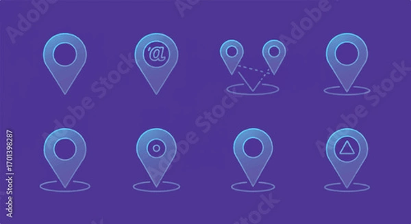Fototapeta Glowing map pins indicate locations on a dark purple surface, suggesting navigation and points of interest with a modern and minimalist aesthetic.