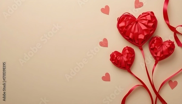 Fototapeta Elegant Red Ribbon Hearts on Beige Background with Text Space for Valentine’s Day Celebration