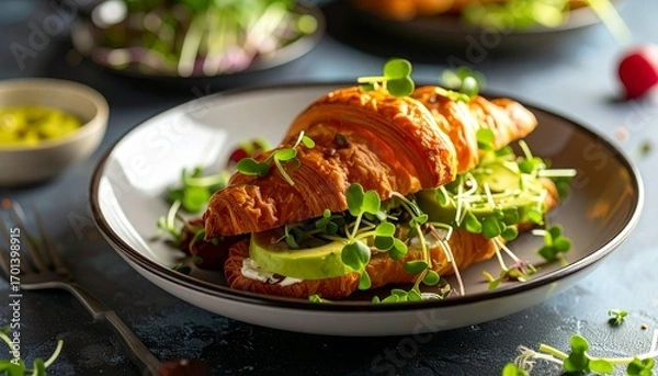 Obraz Croissant sandwich with avocado and sprouts with gourmet food.