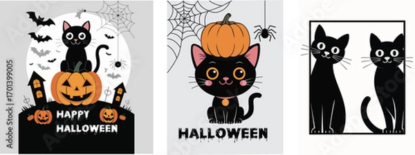 Obraz Cute Black Cat Halloween Illustrations with Pumpkins and Spooky Elements