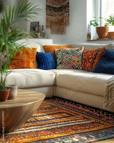 Fototapeta Accent ellipse coffee table near fabric corner sofa. Boho ethnic home interior design of modern living room, Generative AI