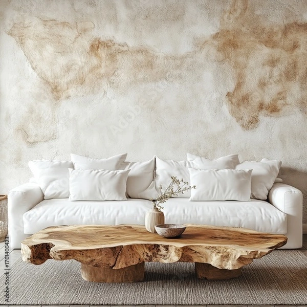 Fototapeta White sofa and wood live edge stamp coffee table against stucco wall. Minimalist rustic interior design of modern living room, Generative AI