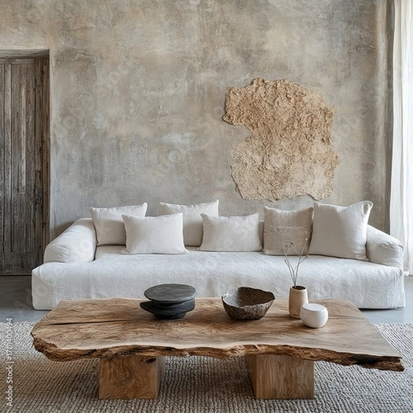 Fototapeta White sofa and wood live edge stamp coffee table against stucco wall. Minimalist rustic interior design of modern living room, Generative AI