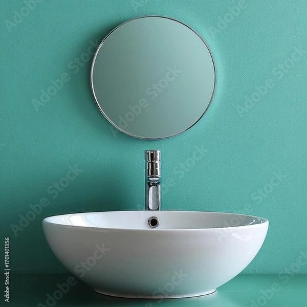 Fototapeta White counter with ceramic vessel and chrome faucet, round mirror on green wall. Interior design of modern bathroom, Generative AI