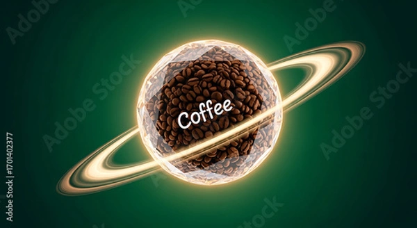 Fototapeta Coffee beans inside a crystal sphere with rings on a green background create a unique and visually appealing coffee concept