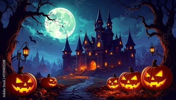 Obraz Spooky Halloween Night with Carved Pumpkins  Castle.