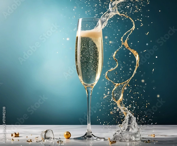 Fototapeta Elegant champagne flute with sparkling bubbles and golden swirl splash, refined blue-bokeh studio scene for celebration, toasts, weddings, and festive luxury branding.