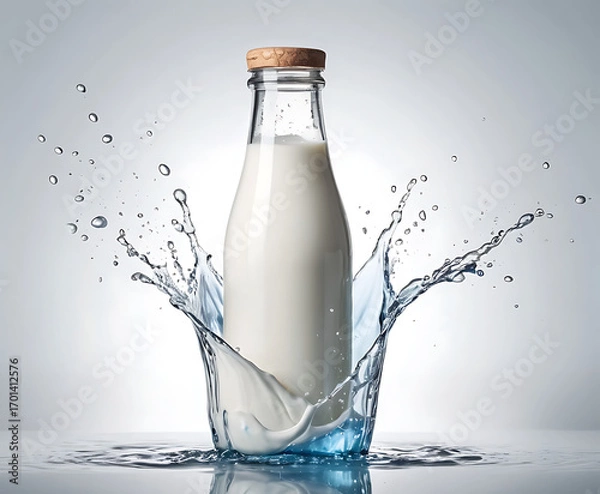 Fototapeta Classic glass milk bottle sealed with wooden cap exploding through water splash, minimalist white studio beverage concept for fresh dairy, breakfast menus, and wholesome nutrition.