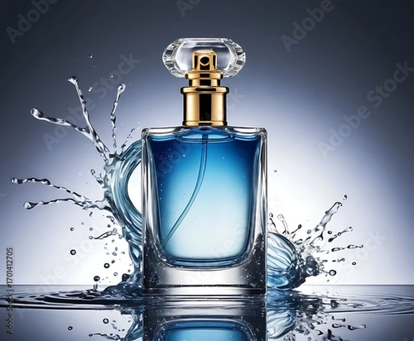 Fototapeta Luxurious square blue perfume bottle with faceted glass and golden cap, reflective studio scene with artistic splash, sophisticated cosmetic visual for premium fragrance marketing.