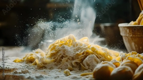 Fototapeta Homemade pasta preparation in rustic kitchen with cinematic flour explosion, artisanal cooking scene in dramatic food photography style
