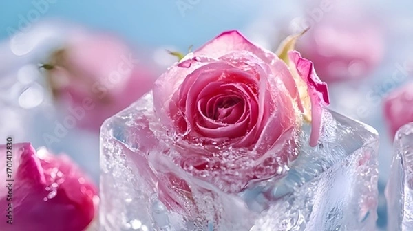 Fototapeta Ice cubes with rose frozen inside, macro photo with crystal clarity, elegant culinary concept and artistic food detail
