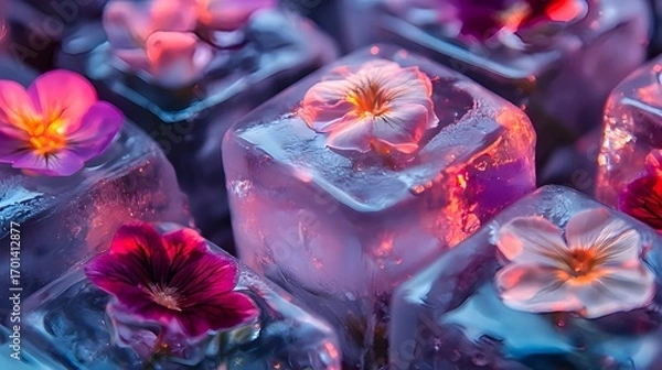 Fototapeta Close-up of transparent ice cubes encasing edible flowers with glowing detail, creative culinary concept with elegant artistic presentation
