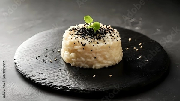Fototapeta Luxury fine-dining plating of truffle risotto on black slate with spotlight presentation, gourmet Italian cuisine in elegant restaurant style
