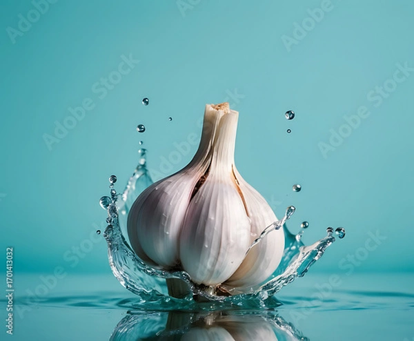 Fototapeta Whole garlic bulb bursting through clear splash on teal, aromatic culinary hero ingredient for Mediterranean recipes, immunity support, and natural wellness scenes.