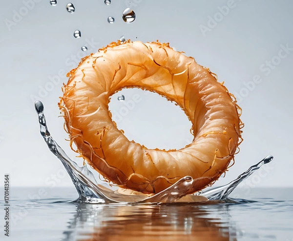 Fototapeta Golden glazed ring doughnut captured mid-splash with elegant ripples, appetizing studio dessert scene for bakery promotions, sweet indulgence, and coffee-break treats.